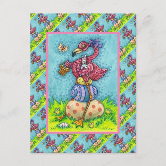 EASTER EGGS AND CUTE BABY PINK FLAMINGO WITH BUNNY HOLIDAY POSTCARD (Front)