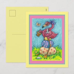 EASTER EGGS AND CUTE BABY PINK FLAMINGO WITH BUNNY HOLIDAY POSTCARD
