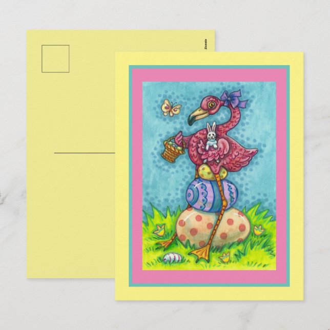 EASTER EGGS AND CUTE BABY PINK FLAMINGO WITH BUNNY HOLIDAY POSTCARD (Front/Back)