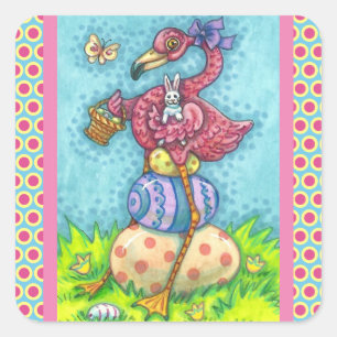 EASTER EGGS AND CUTE BABY PINK FLAMINGO WITH BUNNY SQUARE STICKER