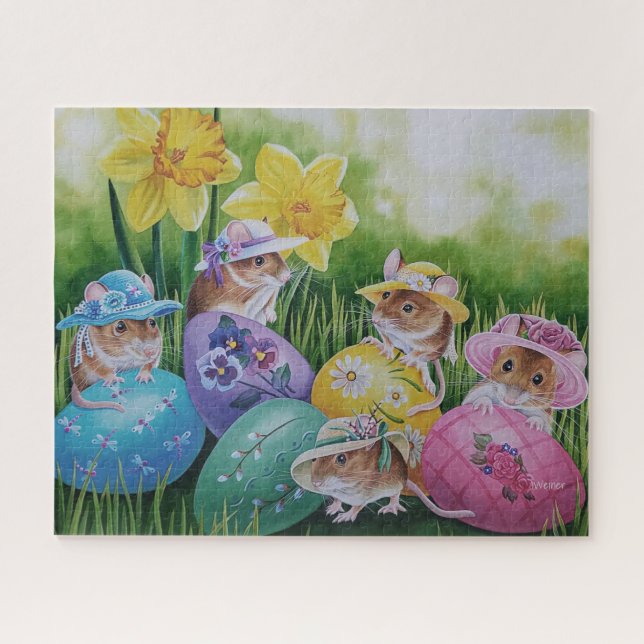 Easter Eggs and Field Mice Watercolor Art Jigsaw Puzzle (Horizontal)