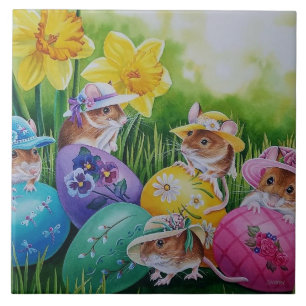 Easter Eggs and Field Mice Watercolor Art Tile