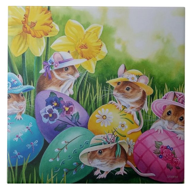 Easter Eggs and Field Mice Watercolor Art Tile (Front)