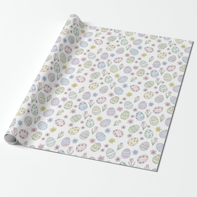 Easter Eggs and Flowers Pastel Colours Wrapping Paper (Unrolled)