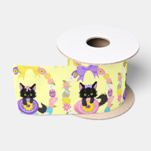 Easter Eggs Black Cat Pattern Pet Animal Lover Satin Ribbon