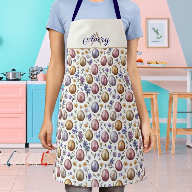 Easter Eggs Cream Patterned Colourful Monogrammed Apron (A pretty, monogrammed kitchen apron with pastel Easter eggs and flowers on a cream background)