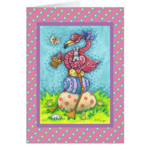 EASTER EGGS, CUTE PINK FLAMINGO, BUNNY Verse CARD