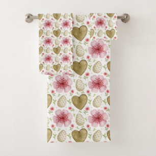 Easter Eggs Flowers and Wooden Hearts Bath Towel