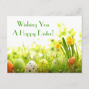 Easter Eggs Hiding in Grass with Daffodils Holiday Postcard
