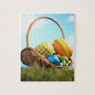 Easter eggs in basket on grass, ground view jigsaw puzzle