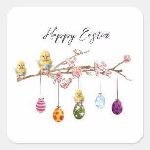 Easter Eggs on Flowering Branch Happy Easter Square Sticker