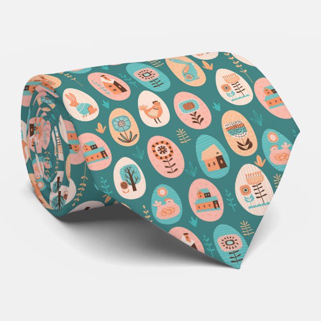 Easter Eggs Over Ocean Green  Tie (Rolled)