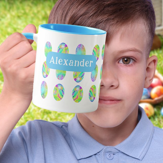 Easter Eggs personalized Name Blue Mug (Personalized Modern easter egg hunt spring brunch Colorful Watercolor Easter egg art pattern mug)