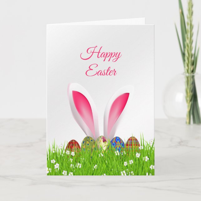 Easter Eggs Rabbit Grass Holiday Card (Front)