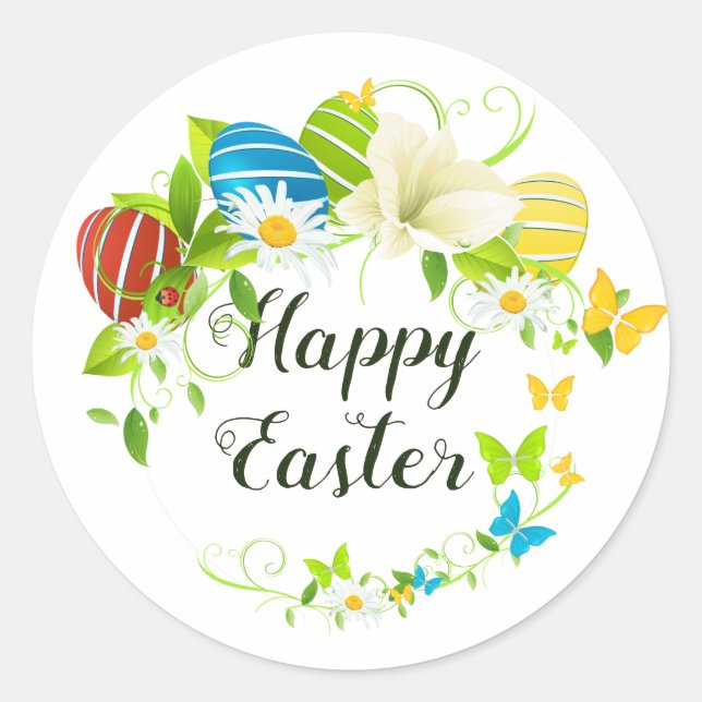 Easter Eggs Spring Flowers and Butterflies Wreath Classic Round Sticker (Front)