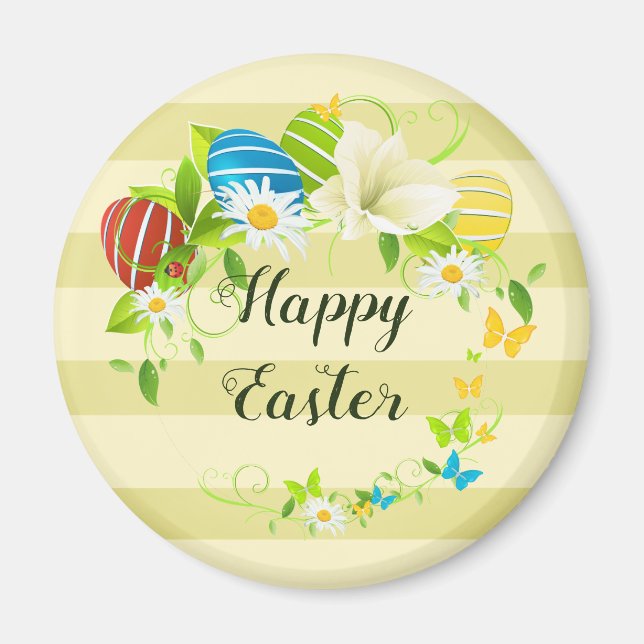 Easter Eggs Spring Flowers and Butterflies Wreath Magnet (Front)