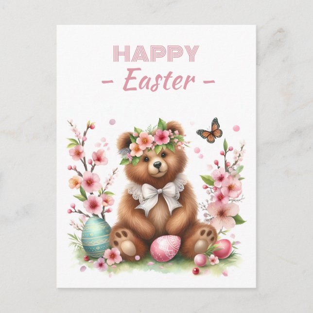 Easter Eggs Watercolor Bear Cherry Blossoms Postcard (Front)
