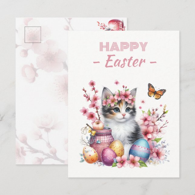 Easter Eggs Watercolor Kitten Cherry Blossoms Postcard (Front/Back)