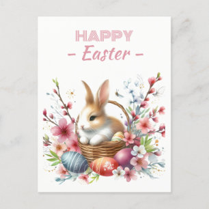 Easter Eggs Watercolor Rabbit Cherry Blossoms Postcard