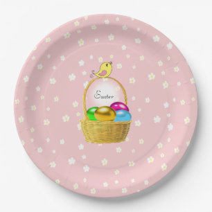 Easter Eggs & White Flower Pattern on Light Pink Paper Plate