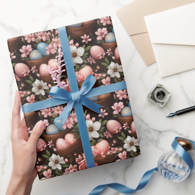 Easter Eggs Wicker Baskets Spring Flowers Wrapping Paper (Gifting)