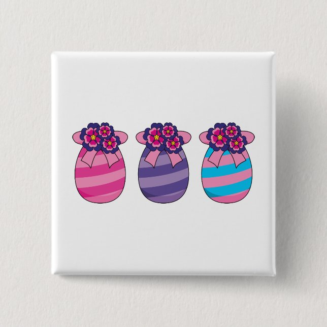 Easter Eggs with Flowers and Ribbon 2 Inch Square Button (Front)