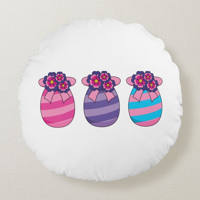 Easter Eggs with Flowers and Ribbon Round Pillow (Front)