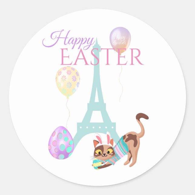 Easter Eiffel Tower and Cat Pastel Balloons Classic Round Sticker (Front)