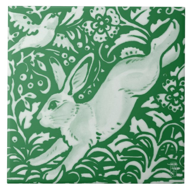 Easter Emerald Green Leaping Rabbit Floral Garden Tile (Front)
