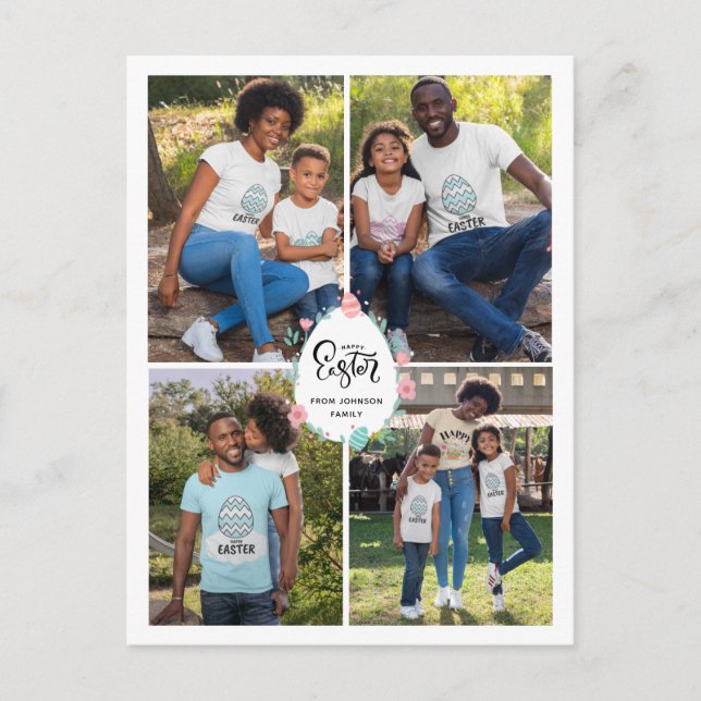 Easter Family 4 Photo Collage & Egg Personalized Postcard (Front)