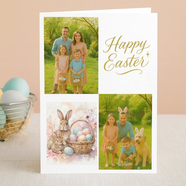 Easter Family Photo Collage Folded  Holiday Card (Cheerful Easter collage photo card.  Make happy memories with a family photo card )