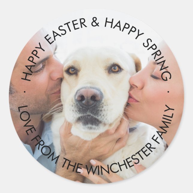 Easter family photo custom black text holiday  classic round sticker (Front)
