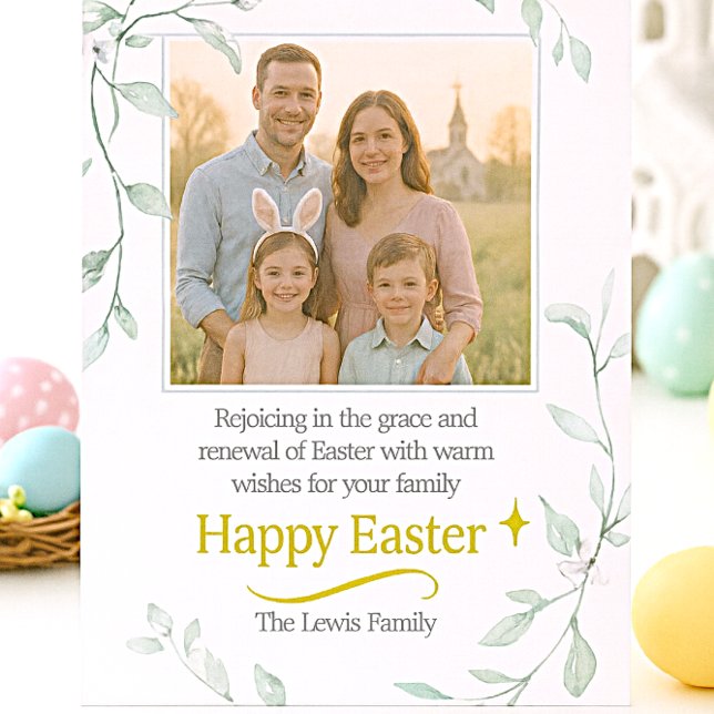 Easter Family Photo with Greenery  Card (Easter Family photo card with digital watercolor greenery and gold Happy Easter greeting )