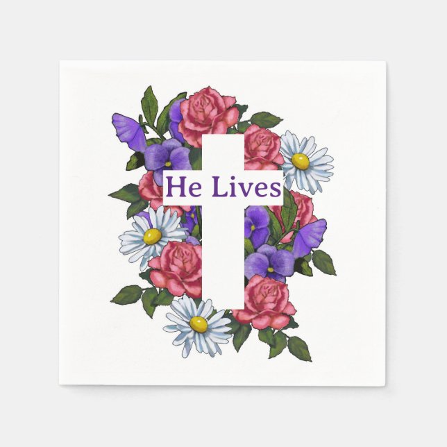 Easter Floral Cross He Lives  Napkin (Front)