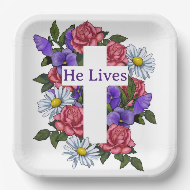 Easter Floral Cross He Lives Paper Plate (Front)