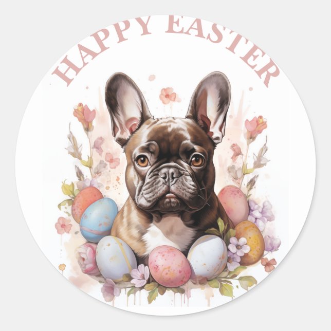 Easter French Bulldog Eggs and Flowers -   Classic Round Sticker (Front)