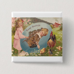 Easter Girl and Boy Victorian Antique Postcard 2 Inch Square Button