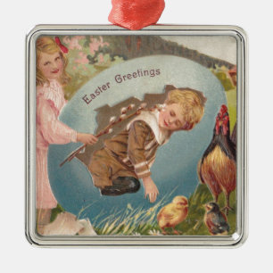 Easter Girl and Boy Victorian Antique Postcard Metal Ornament