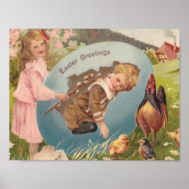 Easter Girl and Boy Victorian Antique Postcard Poster (Front)