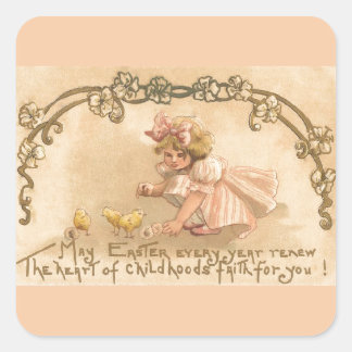 Easter- Girl Pink Dress Chicks - Antique Postcard Square Sticker