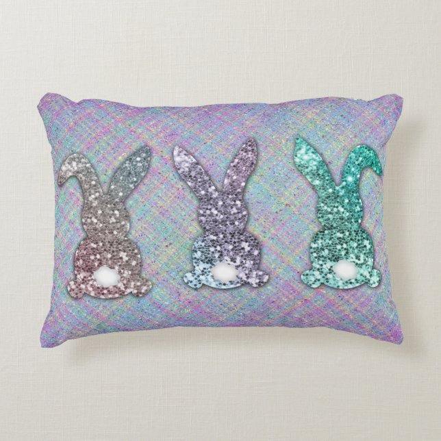 Easter Glitter Pastel Glam Bunnies On Plaid  Accent Pillow (Front)