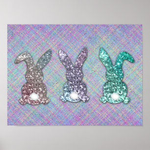 Easter Glitter Pastel Glam Bunnies On Plaid Poster