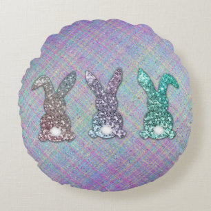 Easter Glitter Pastel Glam Bunnies On Plaid Round Pillow