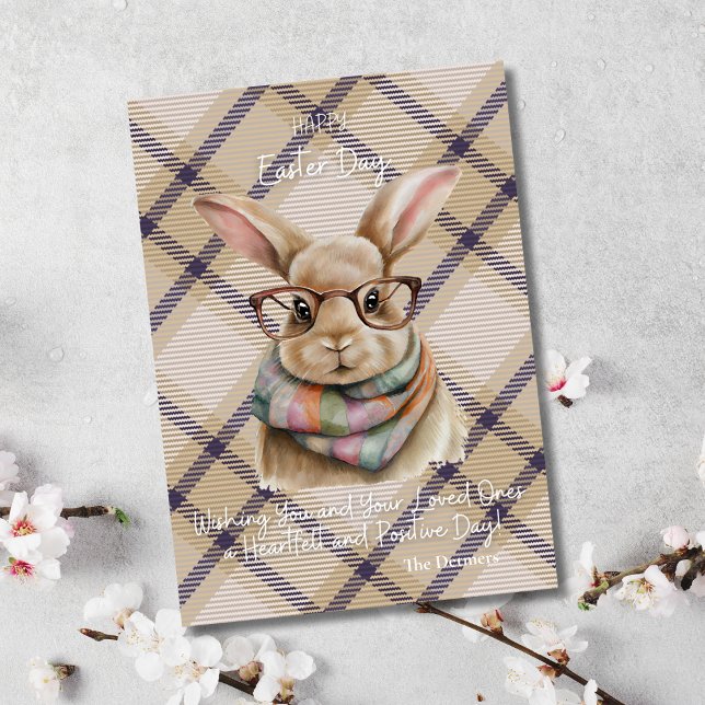 Easter Glow-Up: Hop Into the Fun Vibes Holiday Card (Birthday Depot Party Supplies Trendy Stylish Cute Happy Easter Bunny Purple Plaid Greeting Card)