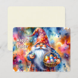 Easter Gnome holding Colourful Egg and Basket -  Holiday Card