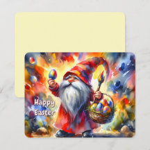 Easter Gnome holding Colourful Egg in Hand -