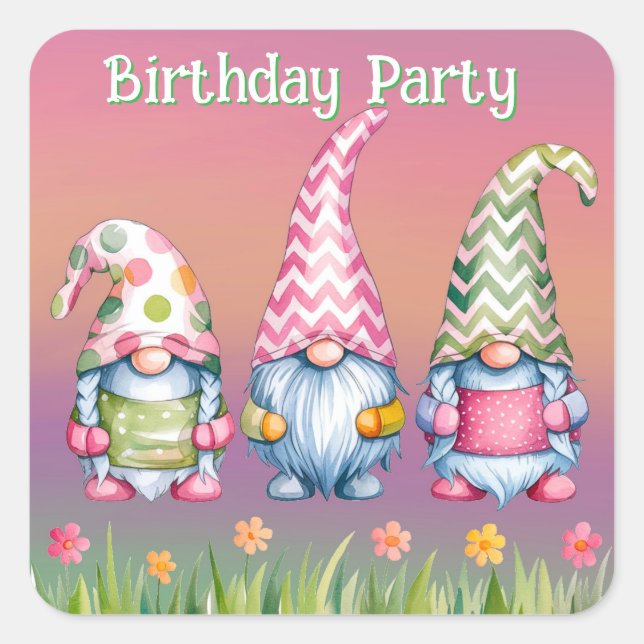 Easter Gnomes in Watercolor Birthday Party Square Sticker (Front)