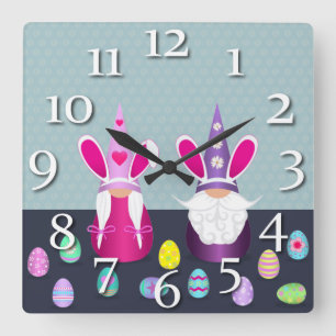 Easter Gnomes Square Wall Clock