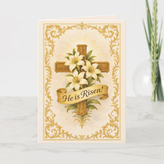 Easter Gold  Cross Lilies He is Risen Holiday Card