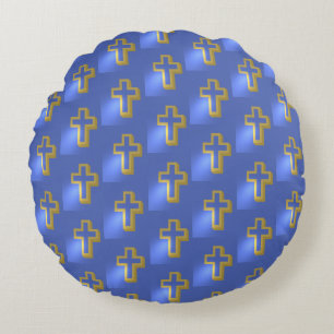 Easter Golden Christian Religious Lit Cross Blue Round Pillow